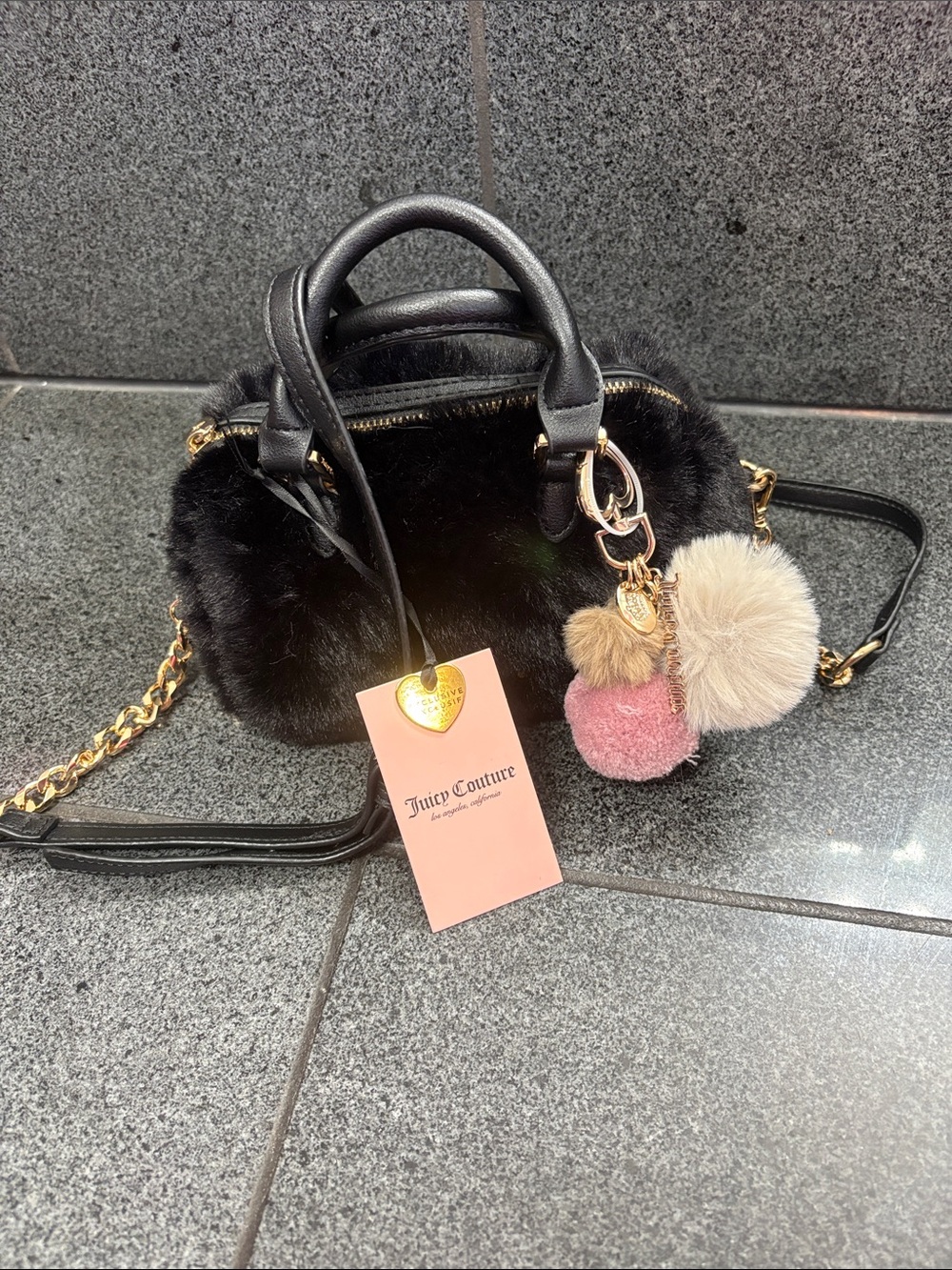 Exclusive Juicy Couture Black Faux Fur Mini Bag with Multicolor Pom Charm